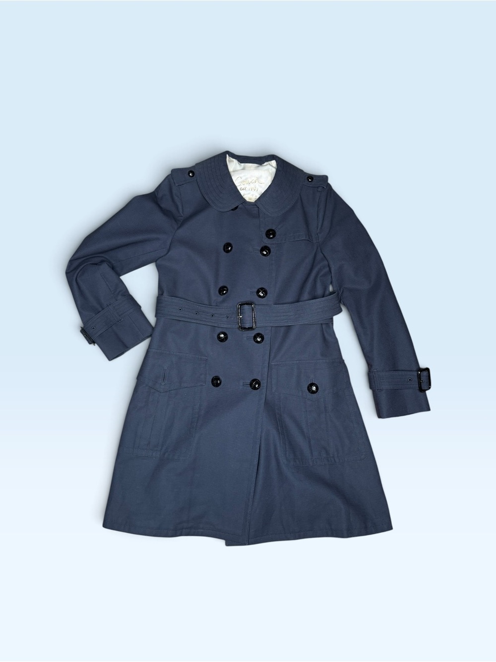 Coach Heritage Navy Blue Belted Trench Coat Polka Dot Print Inside Small